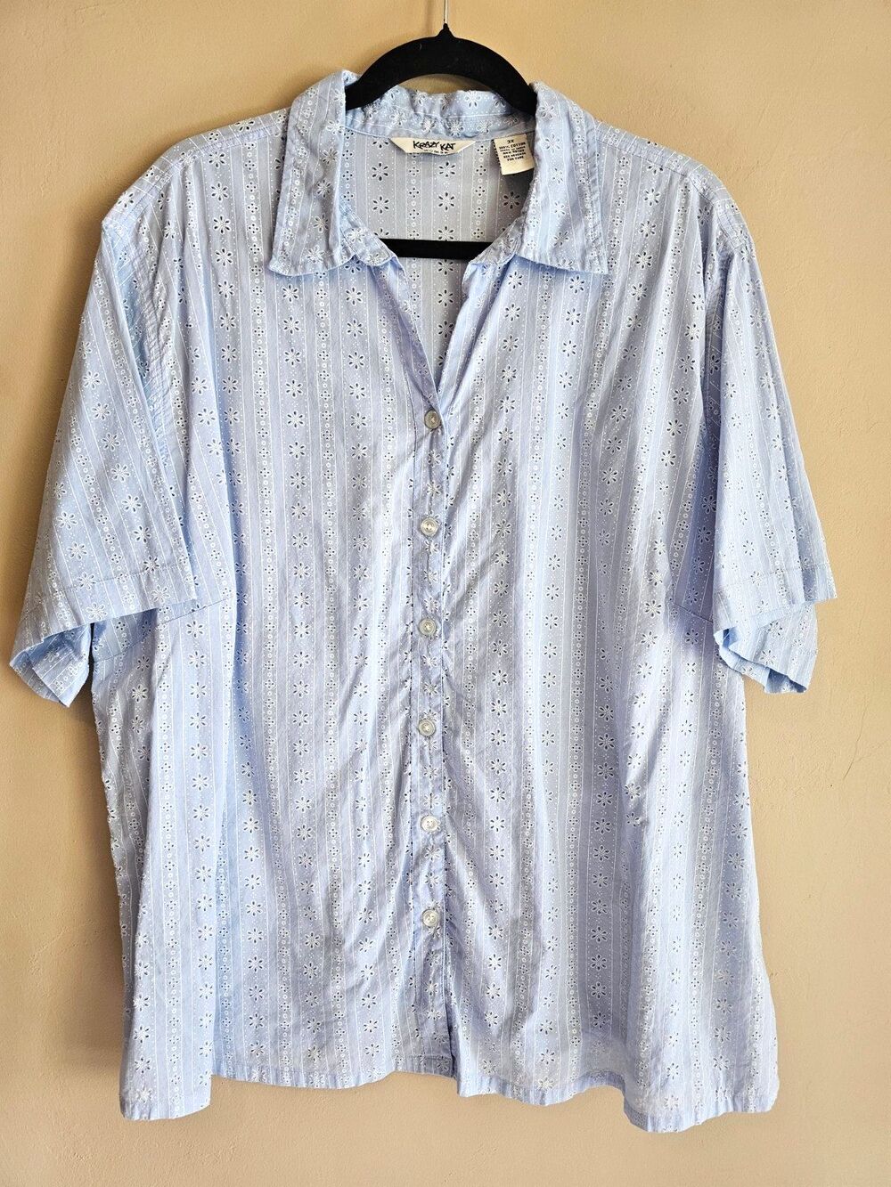 Krazy Kat Shirt Blouse 3X Womans Plus Blue sheer eyelet short sleeve vintage